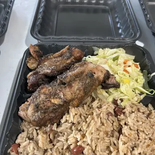 Jerk Chicken w/ rice&amp; peas and steamed cabbage