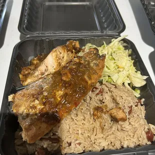 Jerk Salmon dinner w/ rice and peas and steamed cabbage
