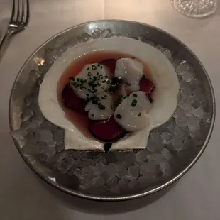 Scallop crudo pluot dashi 4/5 fresh and tasty