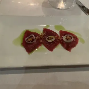 5 Course Tasting Menu (December 2023): Tuna carpaccio with crispy onion bits and jalapeño olive oil