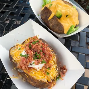 bacon and sour cream baked potato and broccoli and cheese baked potato