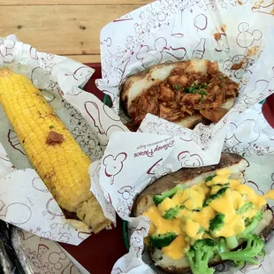 Chili lime corn, BBQ chicken potato, and broccoli cheese potato