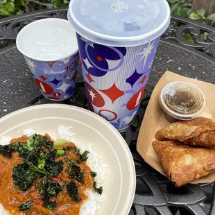 Vegetarian - Serengeti Stew (no chicken) and Potato Sambusa. Good combo.