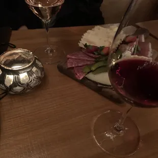 Sparkling wine with the medium cheese plate! So good. Cheese &amp; Charcuterie Board