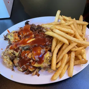 Today's special, The Porky Pig!! Pork, bacon,cheese,bbq on open faced bun