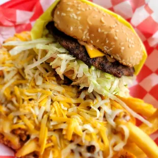 Delicious cheeseburger and small chili cheese fries