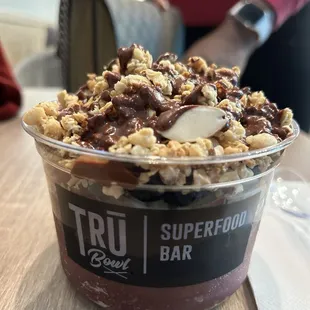 Açai bowl with fresh fruit and chocolate drizzle!