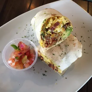 Breakfast burrito: bacon, added avocado +$1