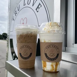 French vanilla latte with vanilla cold foam on the left and a caramel frappe on the right