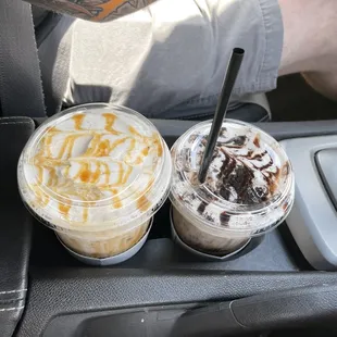 French vanilla latte with vanilla cold foam on the left and cold brew with Oreo cold foam on the right