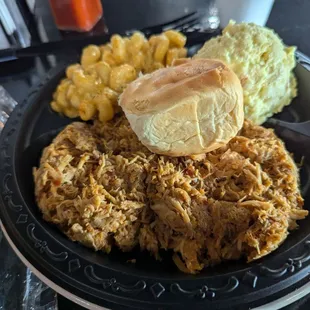 Turkey BBQ, Mac and cheese, potato salad.