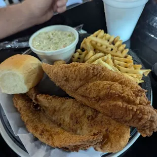 Catfish, French fries, coleslaw