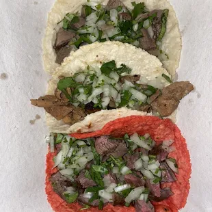 Cabeza, pastor, and flamin hot carne asada