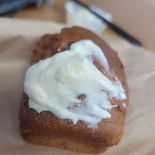 Pumpkin bread with cream cheese frosting schmear