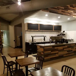a kitchen and dining area