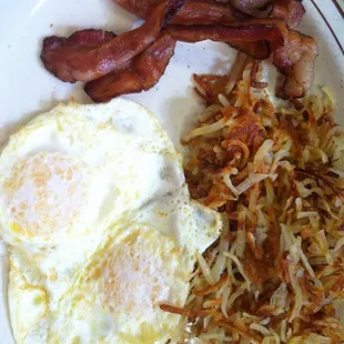 Eggs, bacon and extra crispy hash browns.