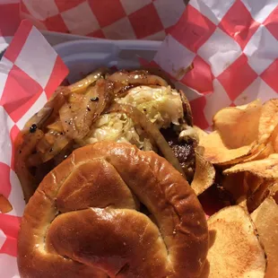 Bratwurstburger stuffed swiss &amp; provolone, homemade kraut, pepper bacon,braised onion/pretzel bun