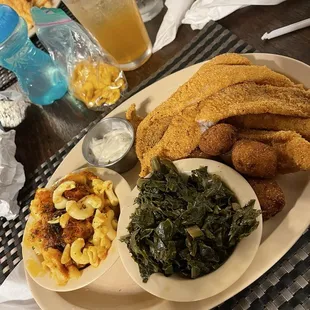 Large catfish plate with collards and macaroni and cheese