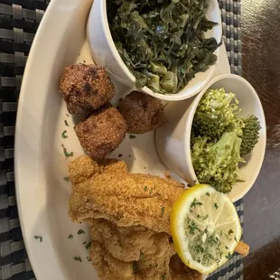 Small catfish plate with broccoli and collard greens