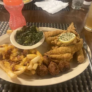 Catfish large plate with collards and loaded fries