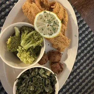 Small catfish plate with broccoli and collard greens