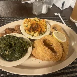 Large fried catfish plate with macaroni and cheese and collards for the sides!