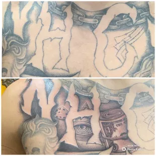 Chest plate after Paul worked on it. We add the dollar rolls, die and the Illuminati pyramid