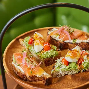 a plate of food on a stand