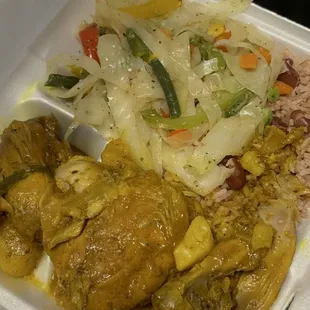 Curry chicken with rice &amp; peas &amp; cabbage