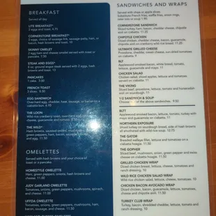 Breakfast and sandwich menu