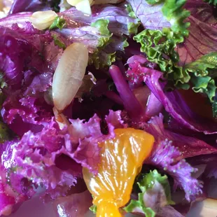 Orange kale salad with slivered almonds.
