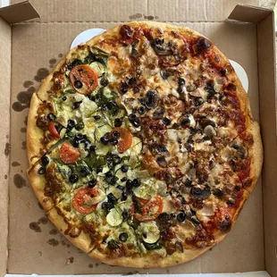 Large half North Star (meats) half Aurora pizza (veggies)