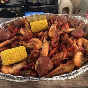 Spicy Crawfish, jumbo shrimp, potatoes and corn