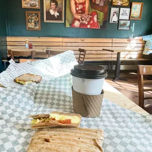Breakfast Burrito
 egg, avocado, tomato on a wrap
 Main floor seating