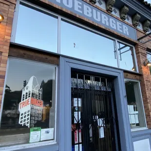 the entrance to a restaurant