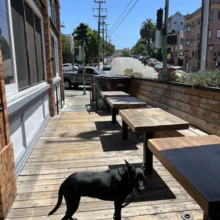 Outside seating by side of building