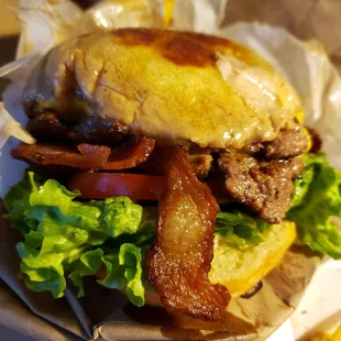 Double-up with bacon. Sooo greasy the wrapped stuck to the burger. That could either be a good or bad thing for you.