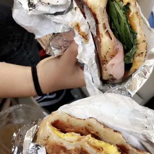 a person holding a sandwich