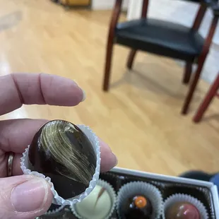 a hand holding a chocolate truffle