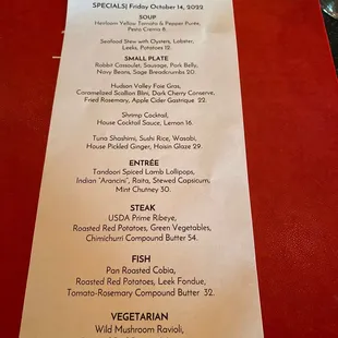 Specials Menu Friday 14 OCTOBER 2022