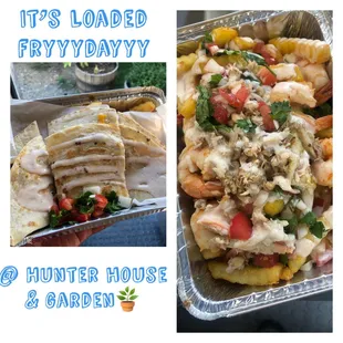 Loaded fries- real crab meat, queso grits, grilled shrimp, pico &amp; special sauce