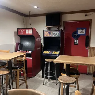 Restrooms with retro arcade games next to it