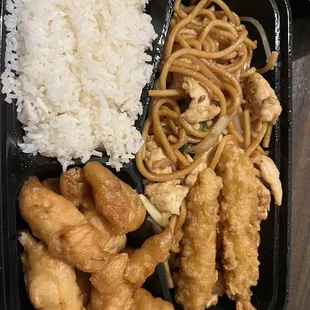 Big plate combo (Beijing style): chow mein, rice, fried shrimp, sweet and sour chicken. $15