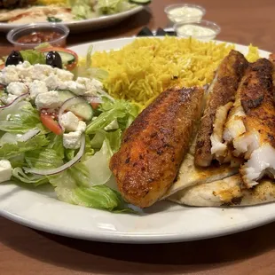 Blackened fish Platter. Comes with choice of two sides.