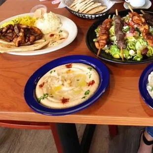 Greek salad with Kabob, Mix Mixed Shawarma Platter, Hummus