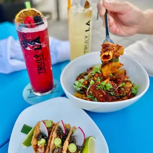 Berry bramble (4.5/5), Mule (4/5), tuna tartare tacos (3.5/5), plant based bolognese (5/5)