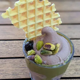06/29/24 Spumoni Sundae - Sour Cherry, Pistachio Crème, Chocolate Soft Serve, Amarena Cherry, Pistachio, Pizzelle