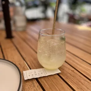 Truly spritz, Prosecco, lemon, basil. Fun, refreshing and not too sweet!