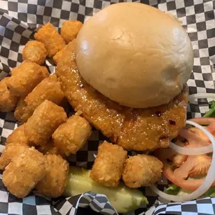Hot Honey Fried Chicken Sandwich with Tots