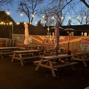 tables and umbrellas outside